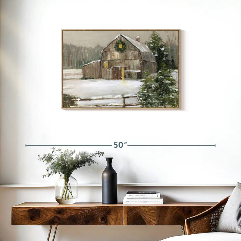 Grange enneigée, Cadre flottant en bois naturel, 31 po x 21 po