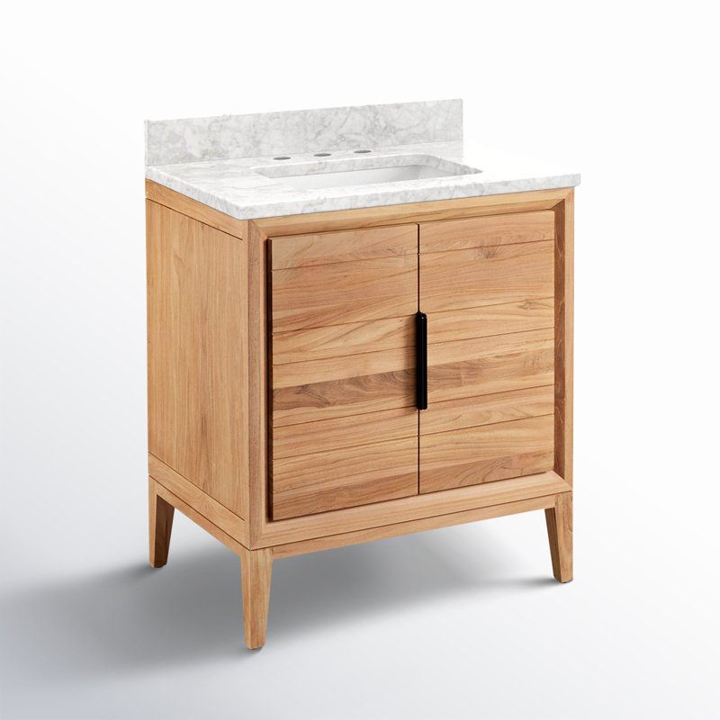 30" Aliso Single Bathroom Vanity Set with Rectangular Undermount Sink, Carrara Marble, 8" Widespread, Natural Teak