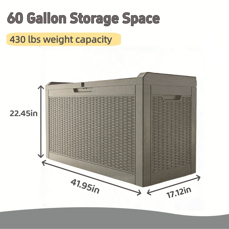 Boîte de rangement 60 gallons en résine de grain de rotin, bac de rangement extérieur verrouillable et imperméable pour coussins de patio, outils de jardin et accessoires de piscine