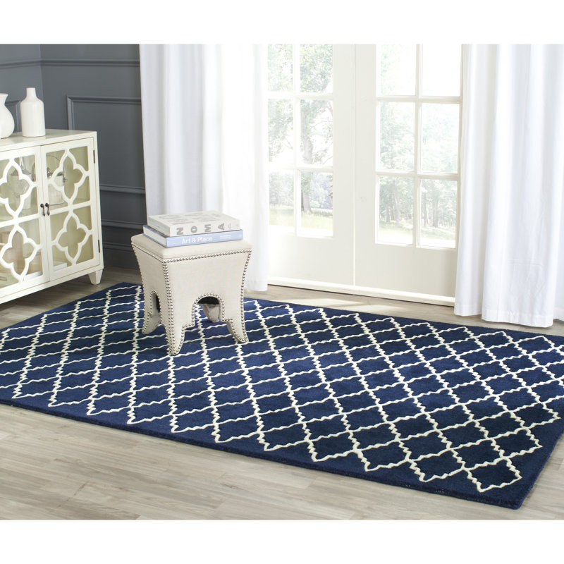 Handmade Dark Blue/Ivory Wool Tufted 4' x 6' Rug
