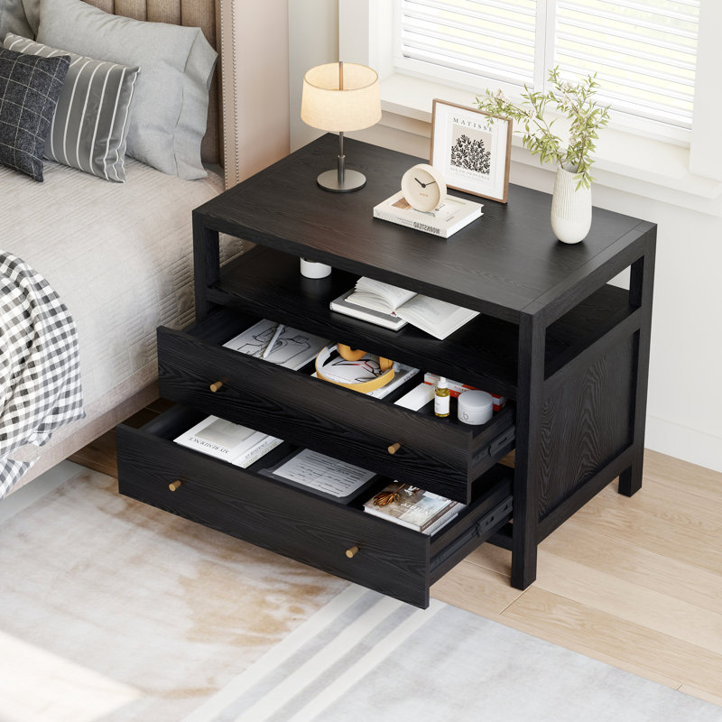 Table de chevet noire à 2 tiroirs avec rangement ouvert, 81,5 cm de largeur, Noir