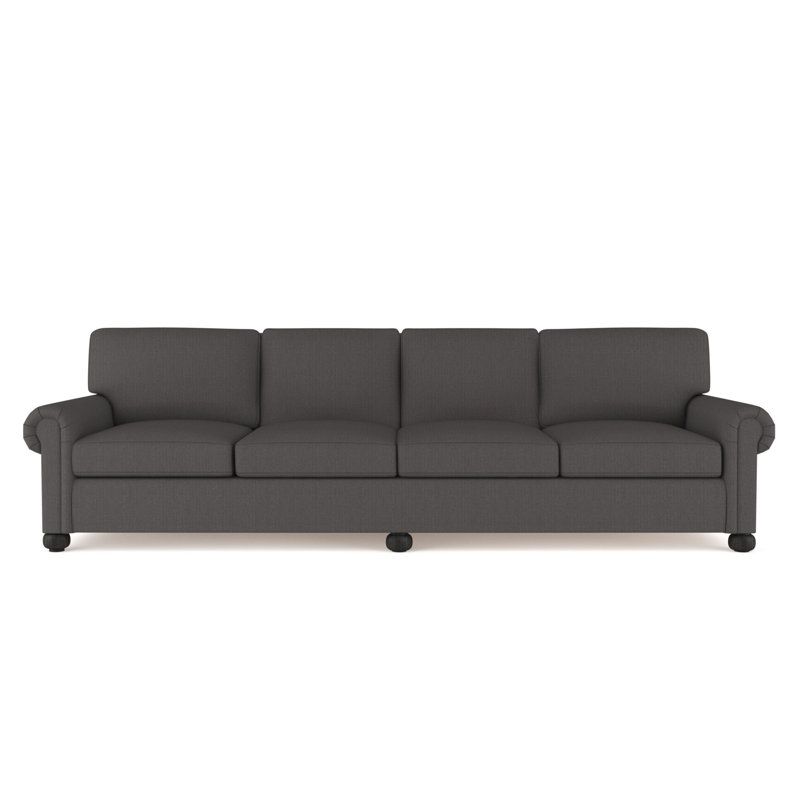 Leroy Rolled Panel-Arm Extra Long Sofa with Bun Feet, Box Weave Linen Blue Print, Weathered, 36" H x 120" W x 43" D