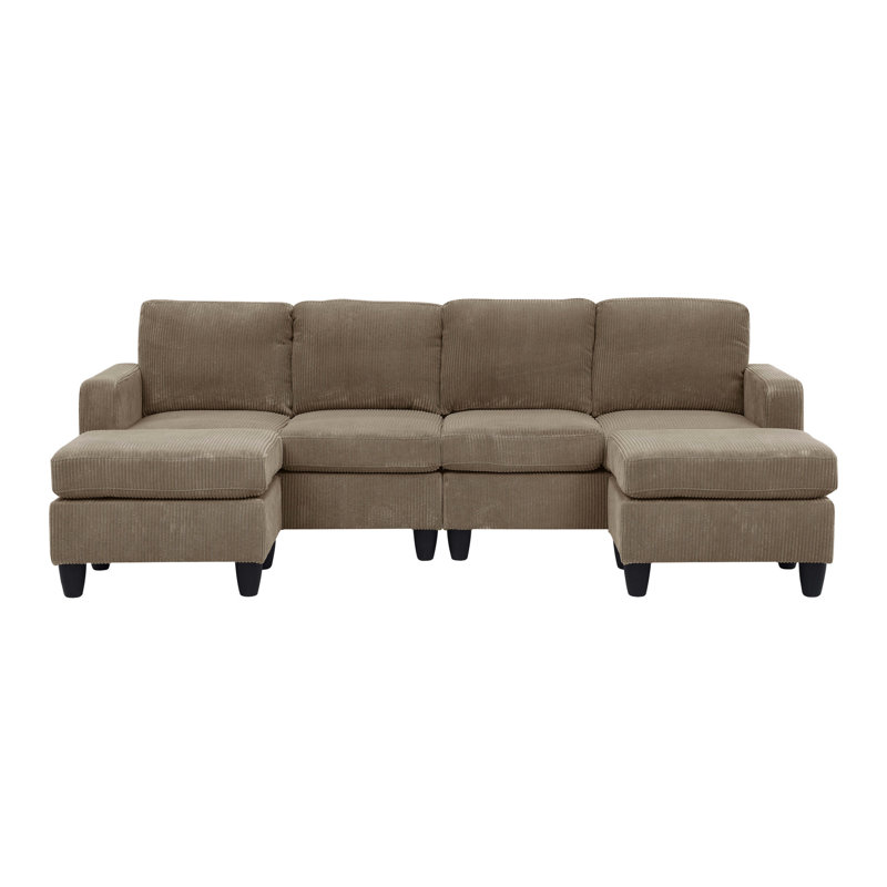 Canapé modulaire en velours côtelé 6 places avec tissu texturé doux couleur chameau, design polyvalent, coussins amovibles, agencement intérieur taupe neutre, profondeur 53, largeur 101, hauteur 34,5 po,