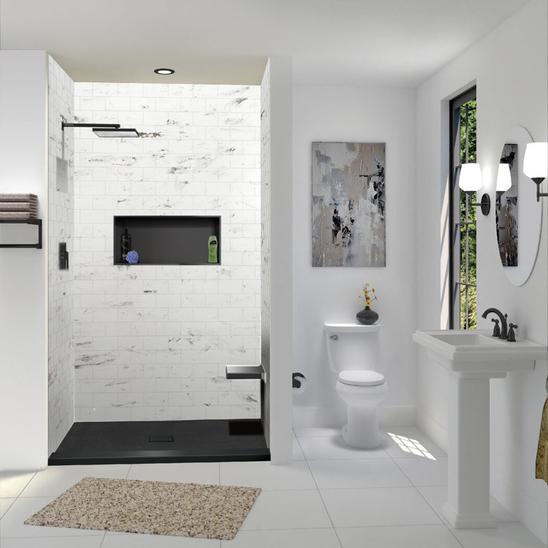 Base de douche Transolor Trimslate 60 po x 40 po avec seuil simple réglable et bonde centrale, Noir, noir, noir, noir