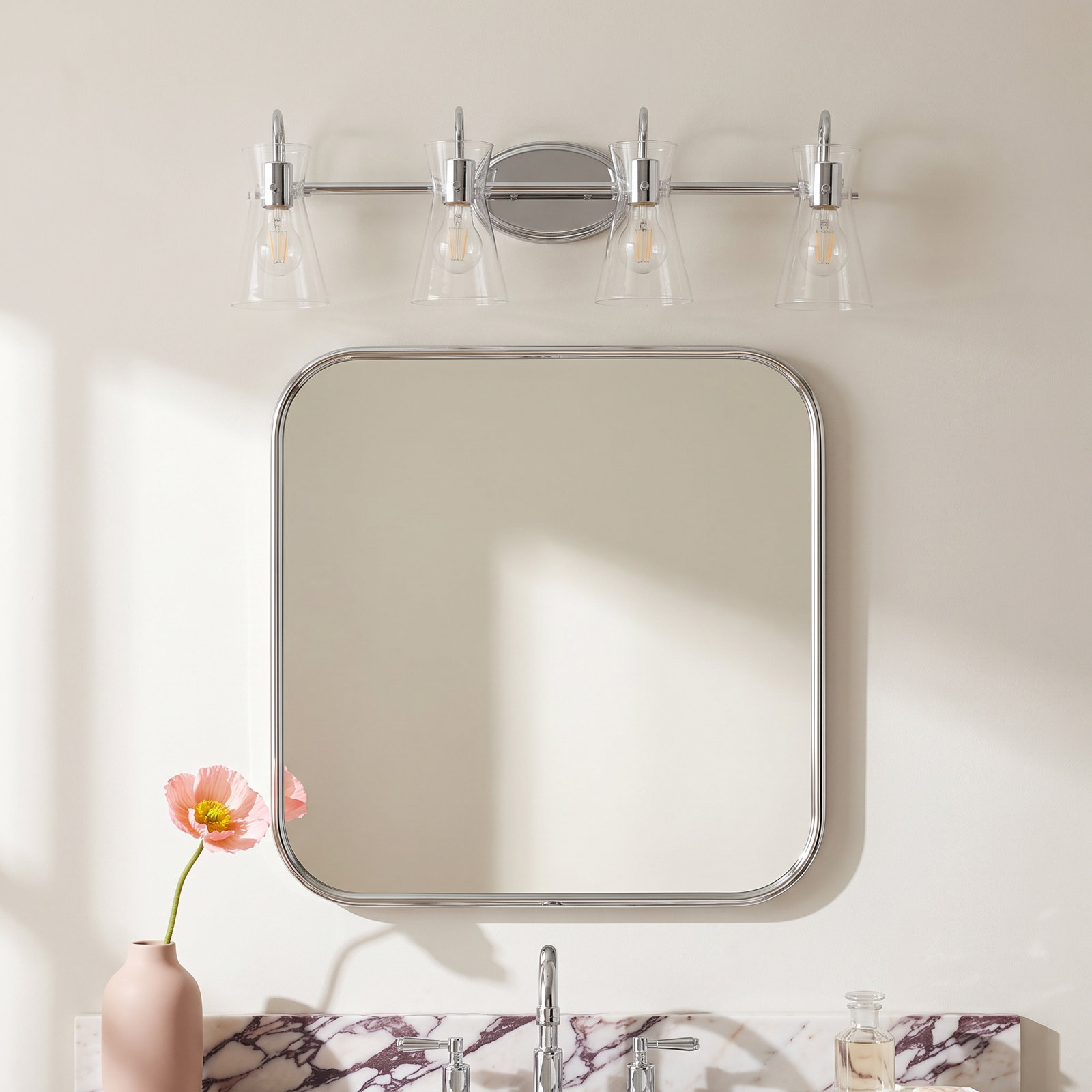4 Light Transparent Dimmable Vanity Light, Polished Chrome