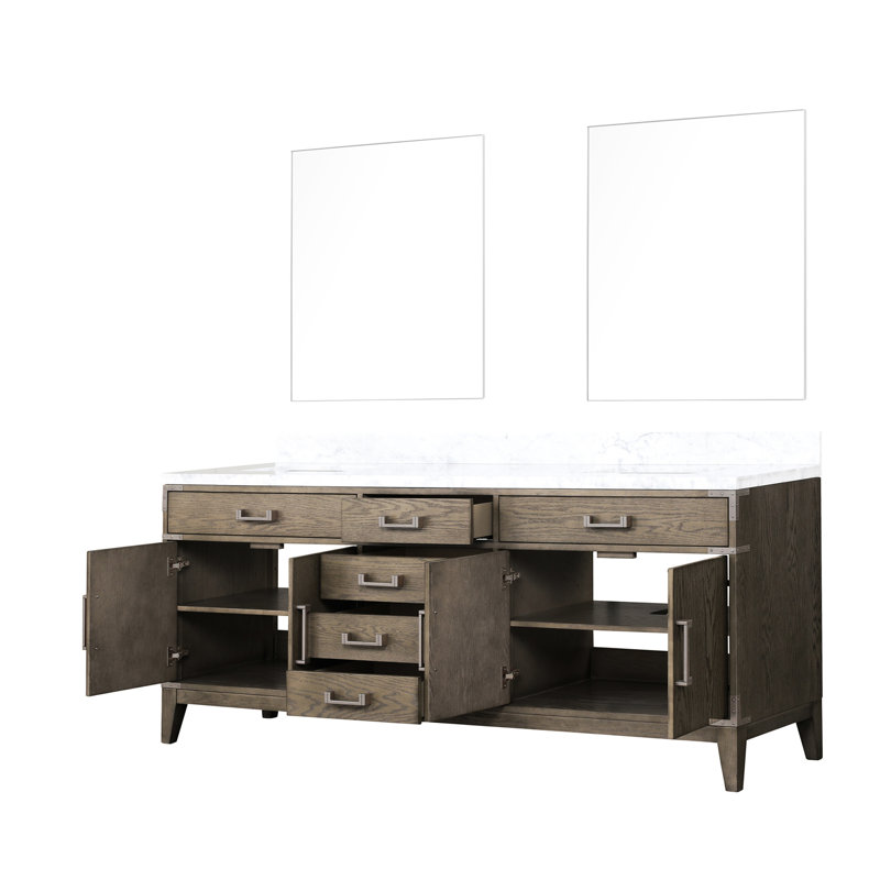 Meuble-lavabo double en chêne gris, comptoir en marbre, miroirs et armoires de rangement