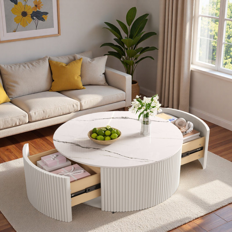 Table basse moderne et mobile avec roulettes, 2 tiroirs et plateau en marbre fritté, Blanc