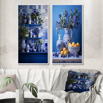 Mediterranean Tile Still Life Kitchen I - Boho Pottery Canvas Prints Set Of 2