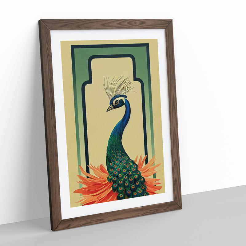 Peacock Art Deco No.2 - Single Picture Frame Print, 64cm H x 46cm W, Walnut