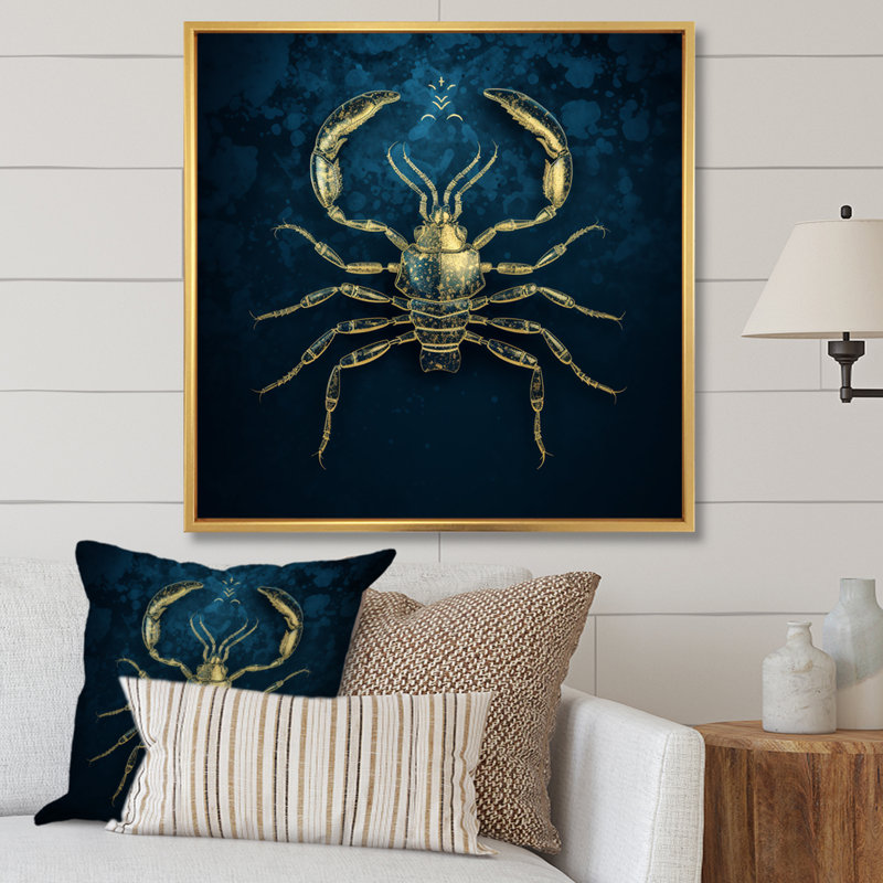 Exquis Scorpion doré sur bleu sur toile, H 36 po x l 36 po x P 1,5 po, Cadre flottant doré