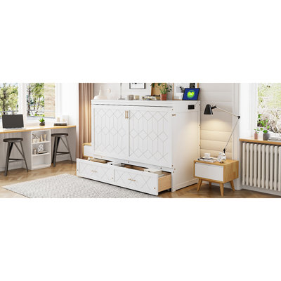Grand lit escamotable mural avec tiroir et un ensemble de prises et de ports USB, blanc (ancien sku: LP000400AAK)