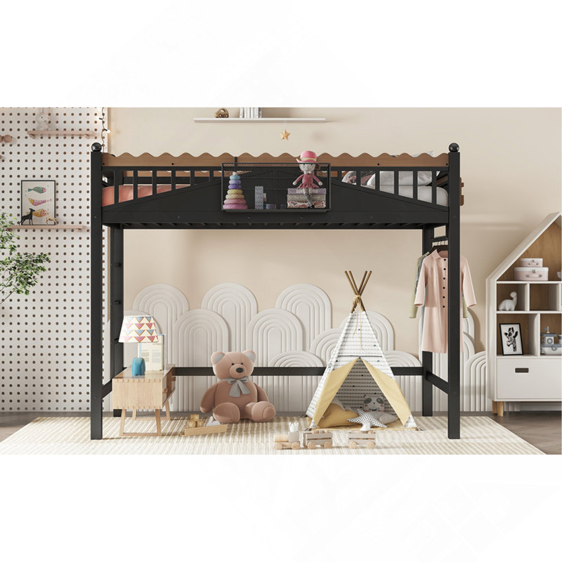 Lit mezzanine simple en métal de taille XL avec échelles, avec tablettes de rangement et bibliothèque, sans sommier tapissier et design chic, noir
