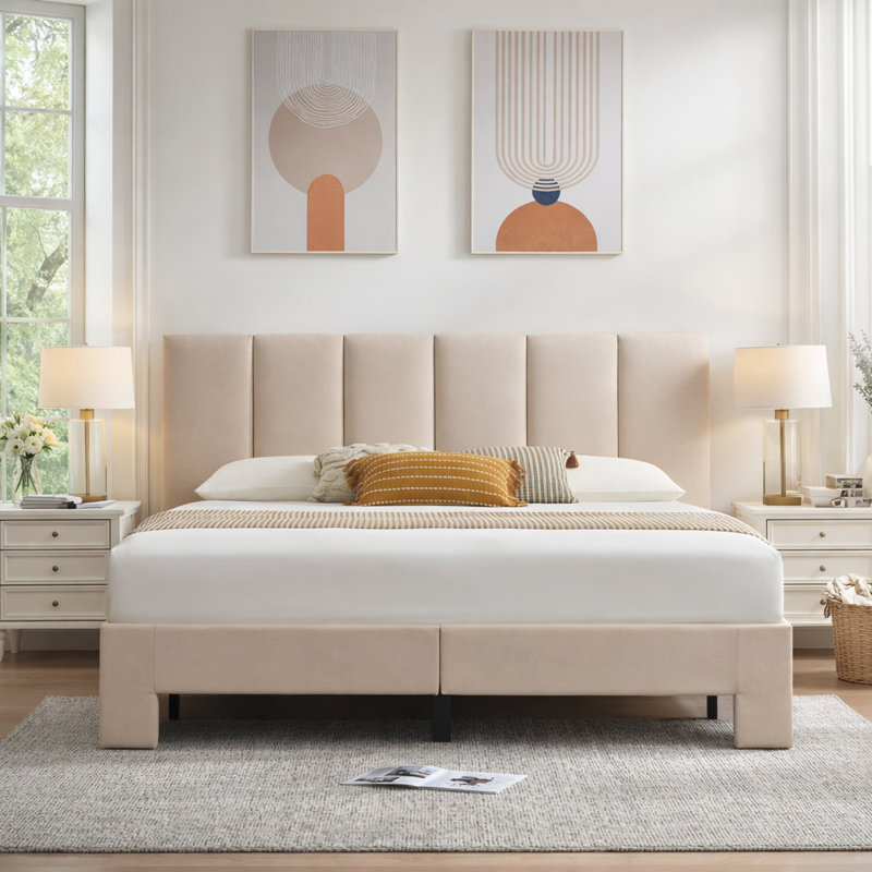 Juanetta 44“ Tall Headboard Linen Upholstered Platform Bed, Beige, King