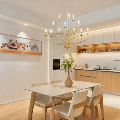 12-Light Gold Chandelier With Adjustable Height, Dimmable Farmhouse Lighting Fixture For Dining Room, Kitchen Island, Living Room, Bedroom And Entryway
