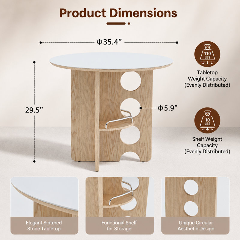 Table de salle à manger ronde de style médiéval en pierre frittée blanche avec compartiments de rangement, pieds en bois aggloméré. Convient à une salle à manger pour une famille de 2 à 4 personnes. Plateau de table à deux couches.