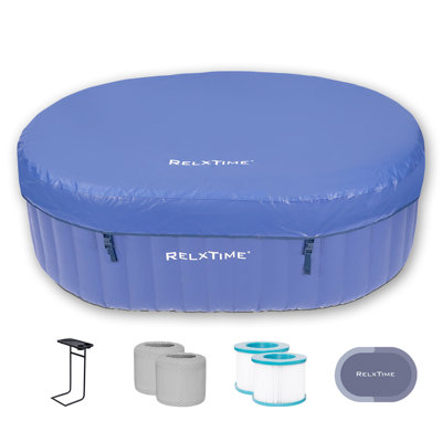 RELXTIME Oval Inflatable Portable Hot Tub 75x47Inch, 2 Person Outdoor Air Jet Spa Blow Up Hottubs with 100 Bubble Jets and Built in Heater Pump, Side Table, 2 Non-Slip Spa Seat, Blue