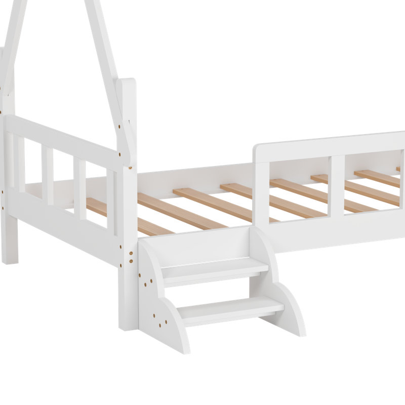 Structure de lit simple avec garde-corps et escabeau, lit plateforme en bois massif, Blanc