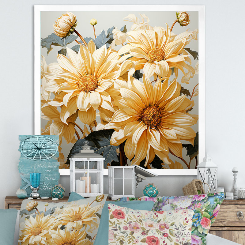 Tournesols gris et jaunes doux - impression, Cadre simple blanc, H 36 po x l 36 po x P 1,5 po