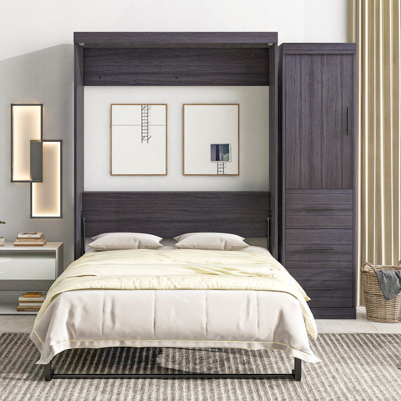 Lit escamotable avec garde-robe et tiroirs, lit de rangement, peut être plié dans une armoire, Lit double