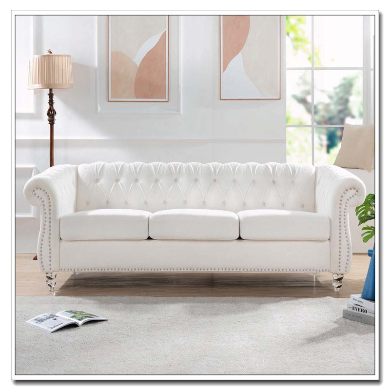 Canapé Chesterfield à accoudoirs roulés 3 places 84,65 po, Polyester blanc