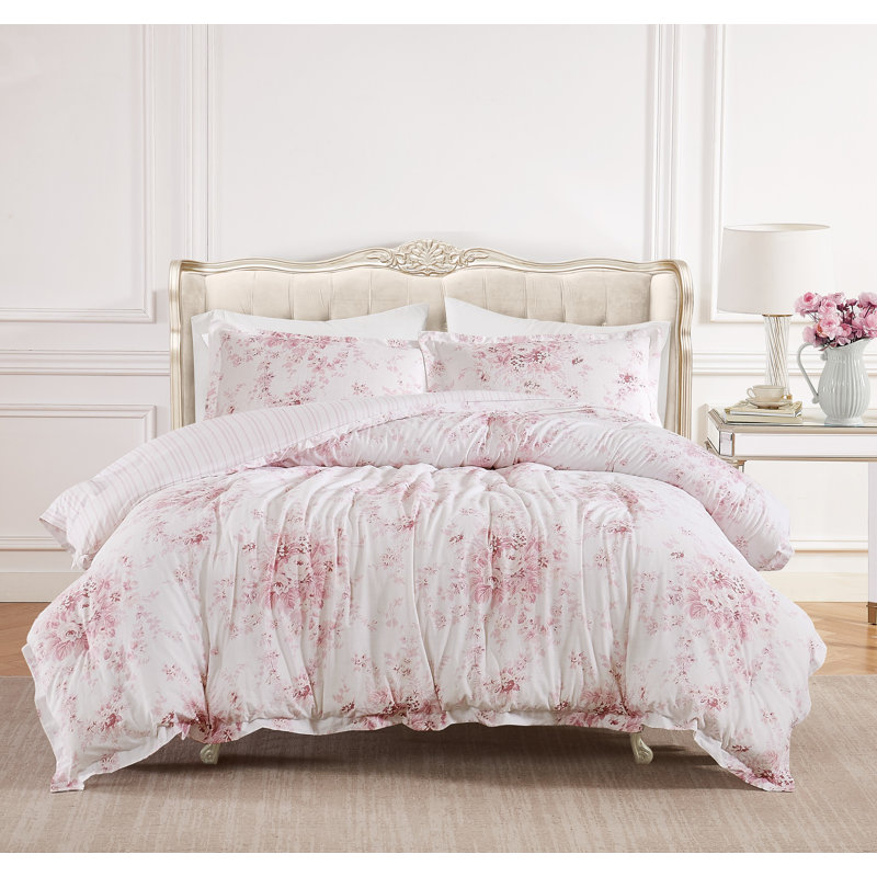 Garden Floral Comforter Set, Queen Comforter + 2 Standard Shams, Pink Floral