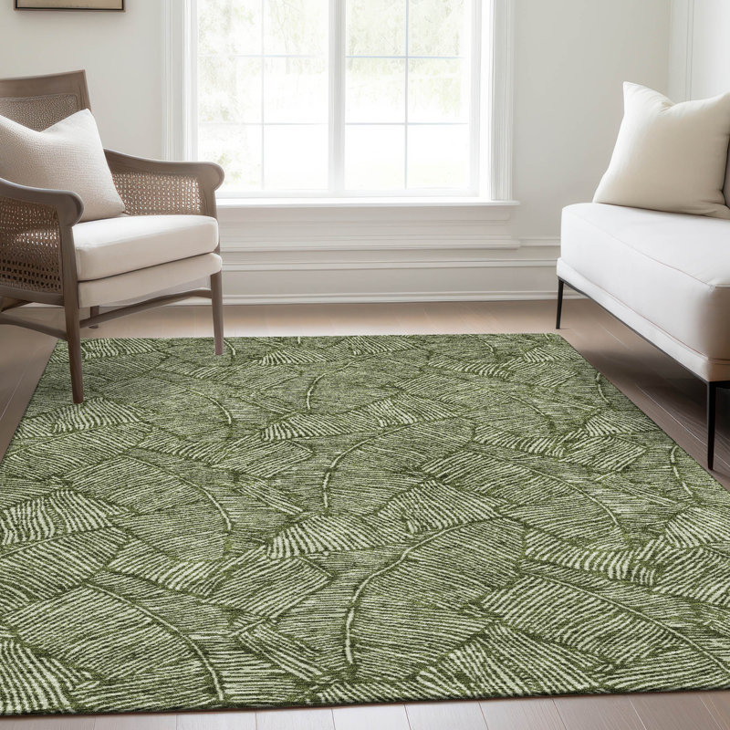 Tapis olive Prisco lavable à la machine de qualité supérieure, Rectangulaire 8 pi x 10 pi