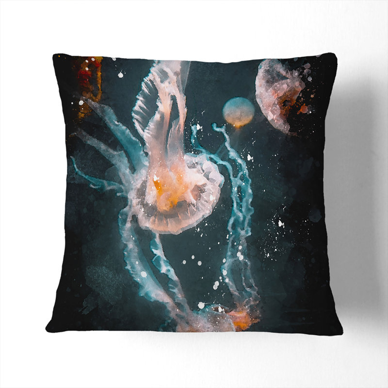 Peach Jellyfish Paint Splash Cushion with Filling, 40cm H x 40cm W x 15cm D, Stone