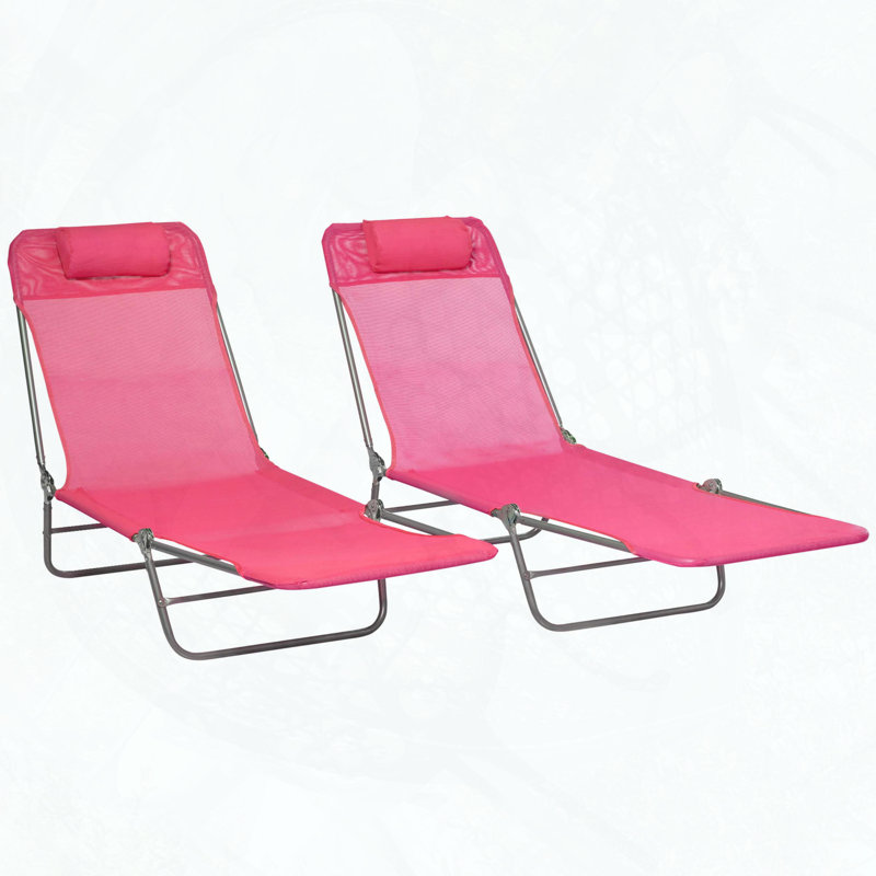 Ensemble 2 pièces de chaise longue pliante avec dossier inclinable à 6 positions et coussins, Rose