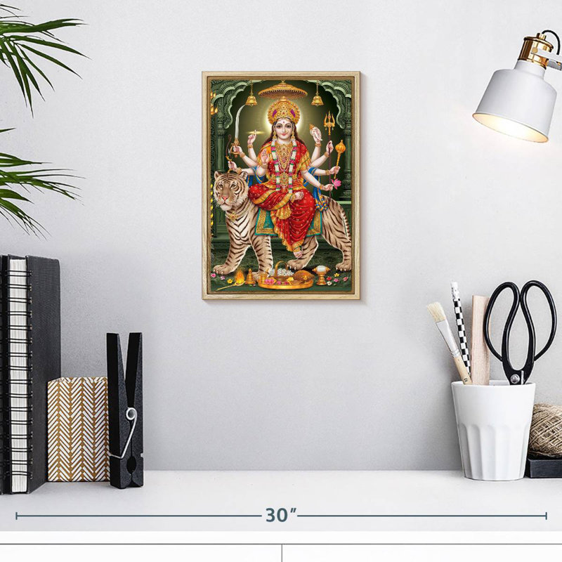 Durga On A Tiger, Floating Frame Natural Wood, 9" x 13"