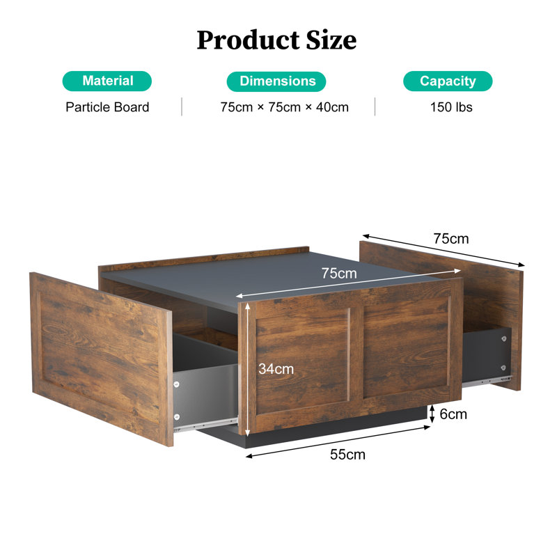 Frame Coffee Table with Storage, Black Top/Brown Base