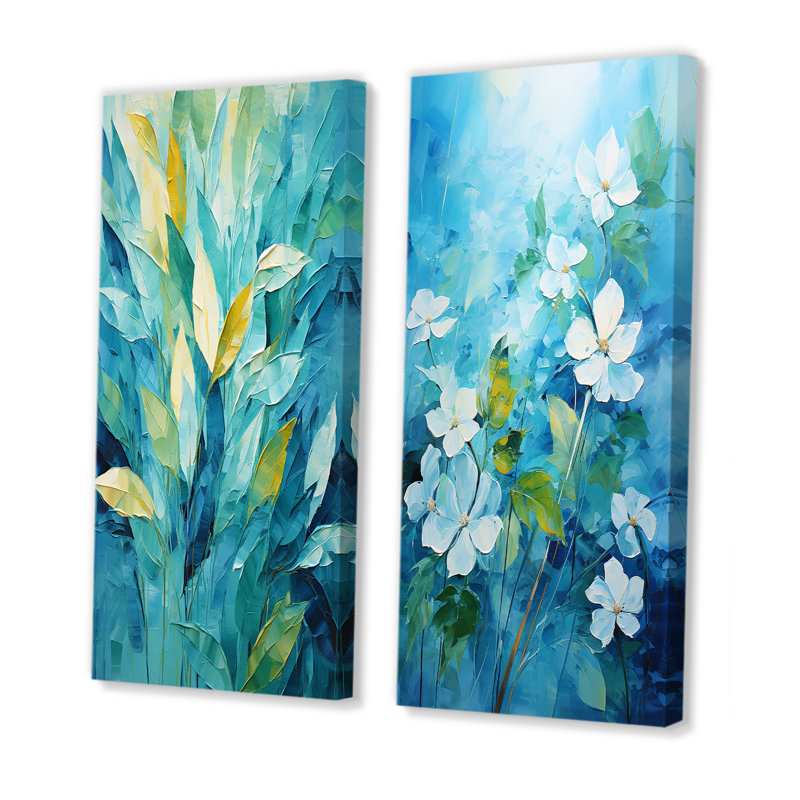 Ensemble de salon art mural bleu et blanc avec plantes tropicales Mirage I - Jungle, Toile tendue, H 28 po x l 25 po