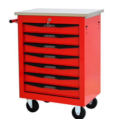 7 Drawers Multifunctional Metal Rolling Tool Cart With Wheels And Stainless Steel Roof For Garage Workshop Warehouse Repair Shop - Red&Black, 4 Universal Locking Mechanisms, One Side Pull Handle,