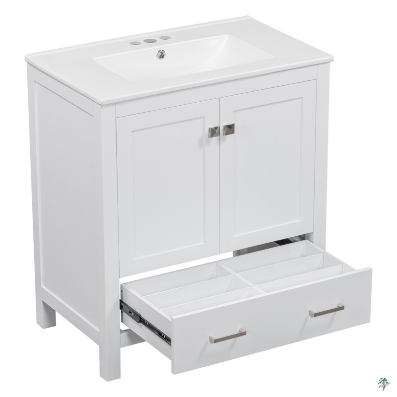 Meuble-lavabo de 30 po avec lavabo simple, meuble-lavabo encastré, armoire de rangement avec 2 portes et un tiroir, fermeture en douceur, structure en bois massif