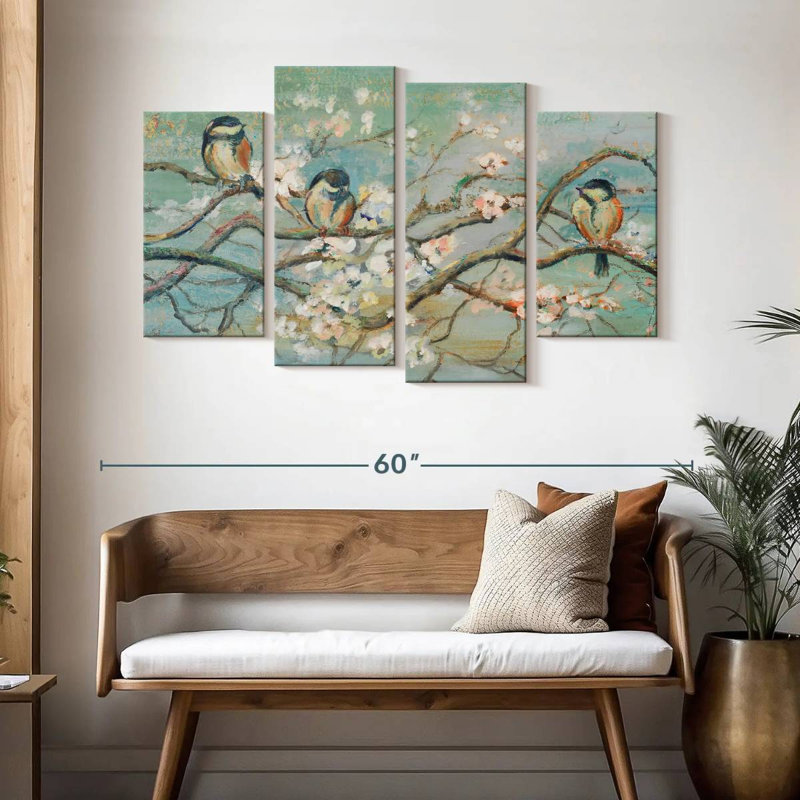 Branche de printemps Brampt avec oiseaux, H 32 po x l 52 po
