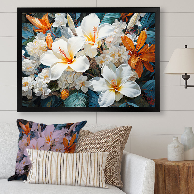 Fleur de plumeria beige et blanche, Cadre simple noir, H 12 po x l 20 po x P 1 po