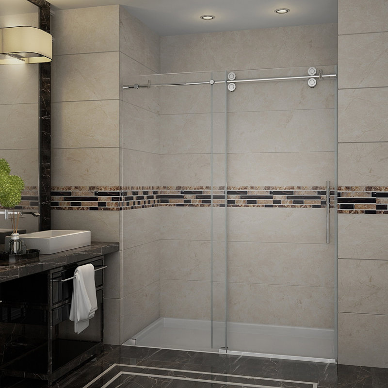 Langham 75" H Single Sliding Frameless Shower Door, Stainless Steel