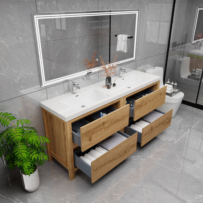 Beyerville 70.9'' Double Bathroom Vanity with Acrylic Top, Yellow Wood