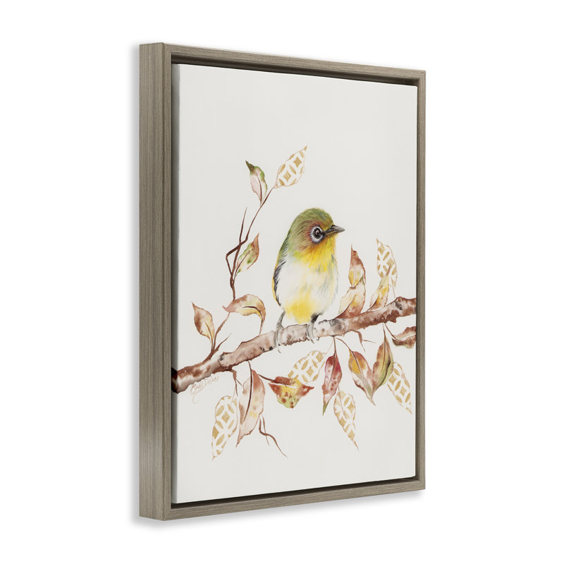 Moineau perché sur un cadre flottant à motif de feuilles, design par Cady, H 21 po x l 17 po, Cadre flottant orme Montalcino