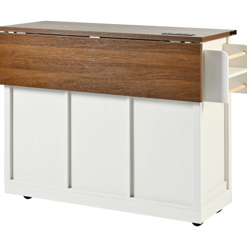 53.7" Farmhouse Kitchen Island With Power Outlet, Sliding Barn Door, Drop Leaf & Rolling Wheels