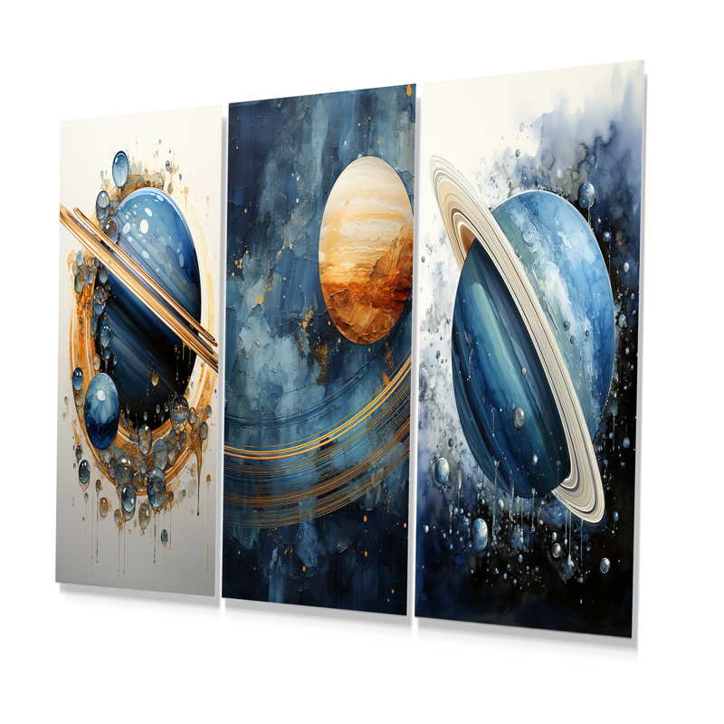 Ensemble de 3 décorations murales en métal Sapphire Saturn Cosmic Wonder - Planètes, H 32 po x l 48 po