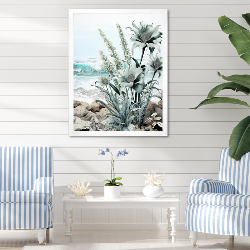 Plage bord de mer Flora I - Art mural nautique et plage, salon, H 32 po x l 16 po x P 1 po, Cadre photo blanc