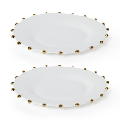 Celestial White Porcelain Charger Plates with Gold Beaded Rim, Set of 2
