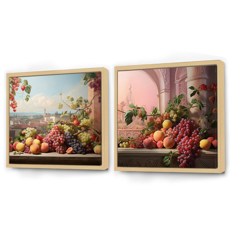 Ensemble de 2 collages carrés de fruits, Cadre flottant brun, H 36 po x l 73 po