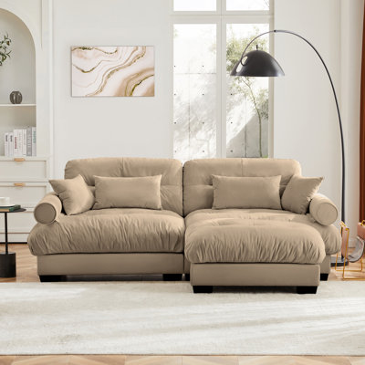 Canapé deux places surdimensionné moderne avec repose-pieds, fauteuil 2 places en velours avec accoudoirs à traversin rond, avec coussin de taille et coussins décoratifs, petit canapé en forme de L pour le salon, la salle de lecture, le loft et la ch