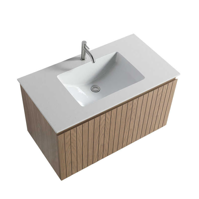 Hood-5N 36.00 In. W X 19.80 In. D X 20.00 In. H  Wall Mounting Bath Vanity In Natural Wood With White Single Sink