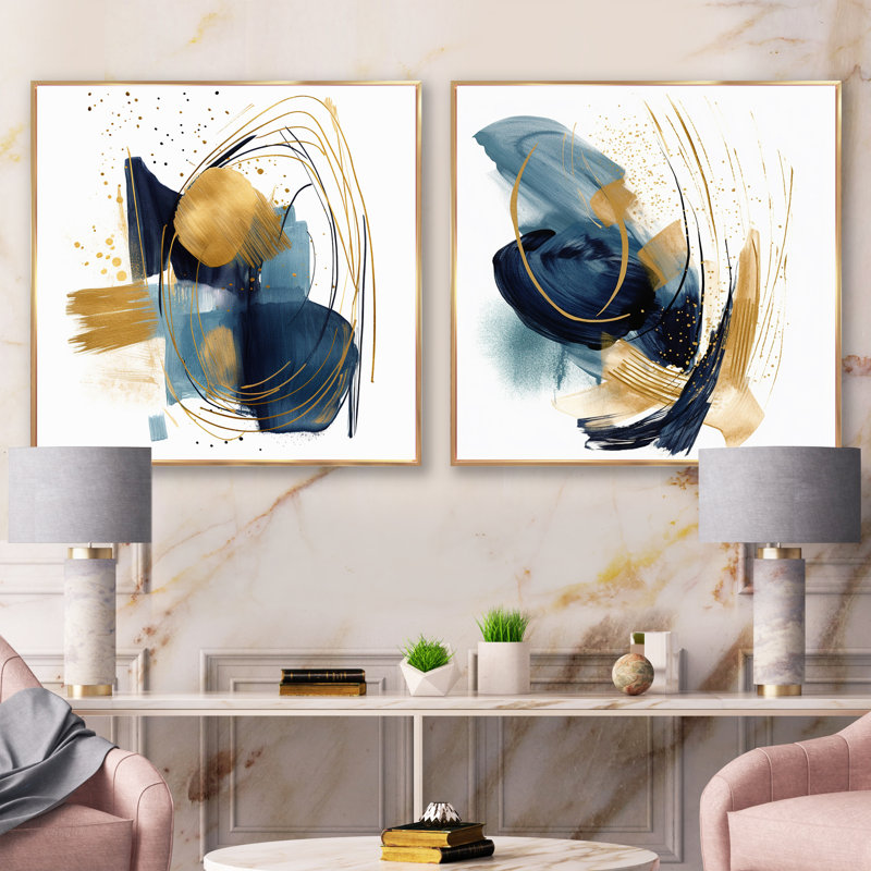 Charlize - Ensemble de 2 collages carrés géométriques modernes, H 16 po x l 33 po, Cadre flottant doré