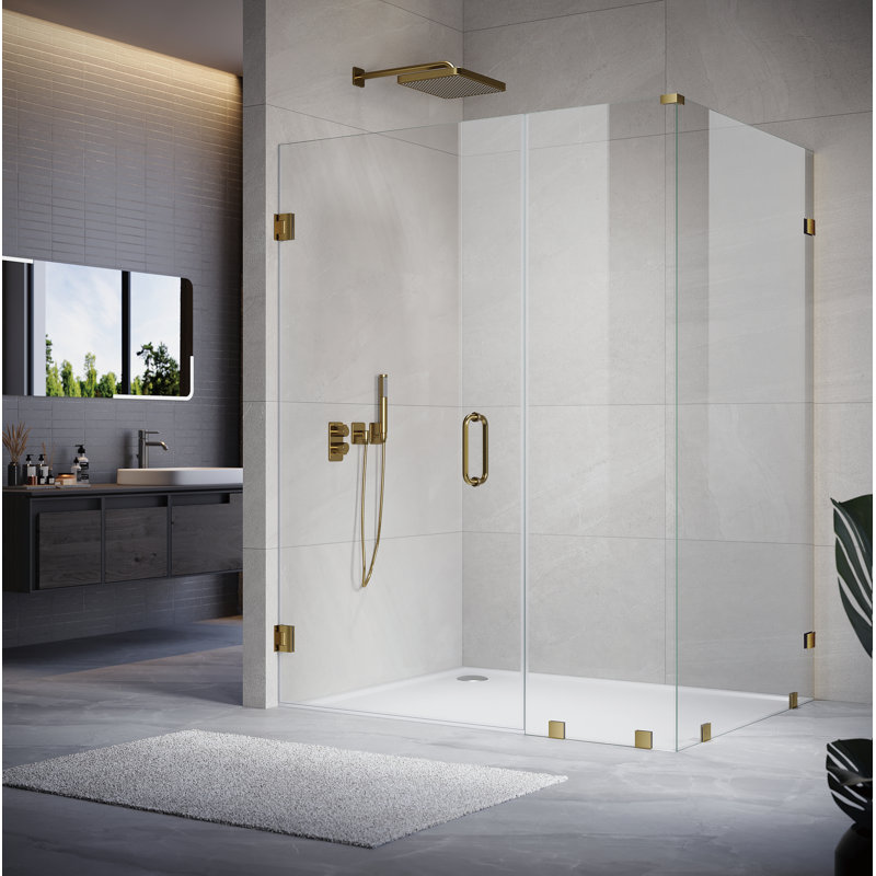UKH07 49-1/8 to 50 in. W X 40 in. D X 80 in. H Frameless Hinged Shower Door in Satin Brass with EnduroShield 3/8 in. Clear Glass with 28 in. Door Panel