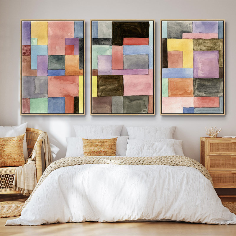 Ensemble de 3 blocs primaires I encadrés sur toile, H 36 po x l 72 po, Naturel