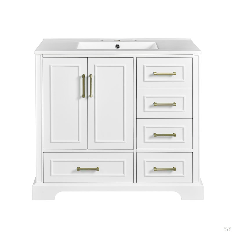 Meuble-lavabo traditionnel 36 po avec lavabo en céramique, armoire de salle de bain avec deux portes à fermeture douce et quatre tiroirs