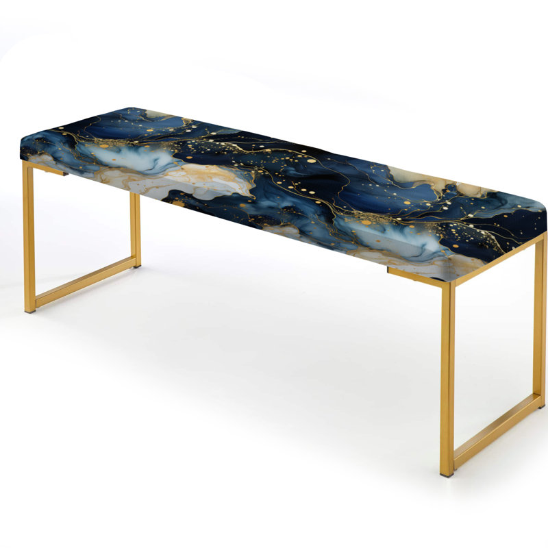 Marble Upholstered Gold Bench, Celestial Gold And Blue Marble Pattern